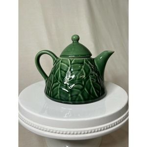 Green Pier One Imports Jade Leaves Pattern Ceramic Teapot
